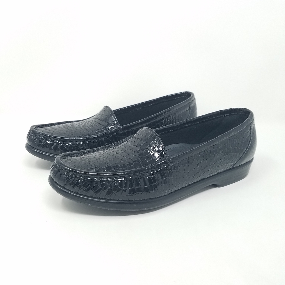 SAS Simplify Black Croc Embossed Leather Loafers, 8 Slim
